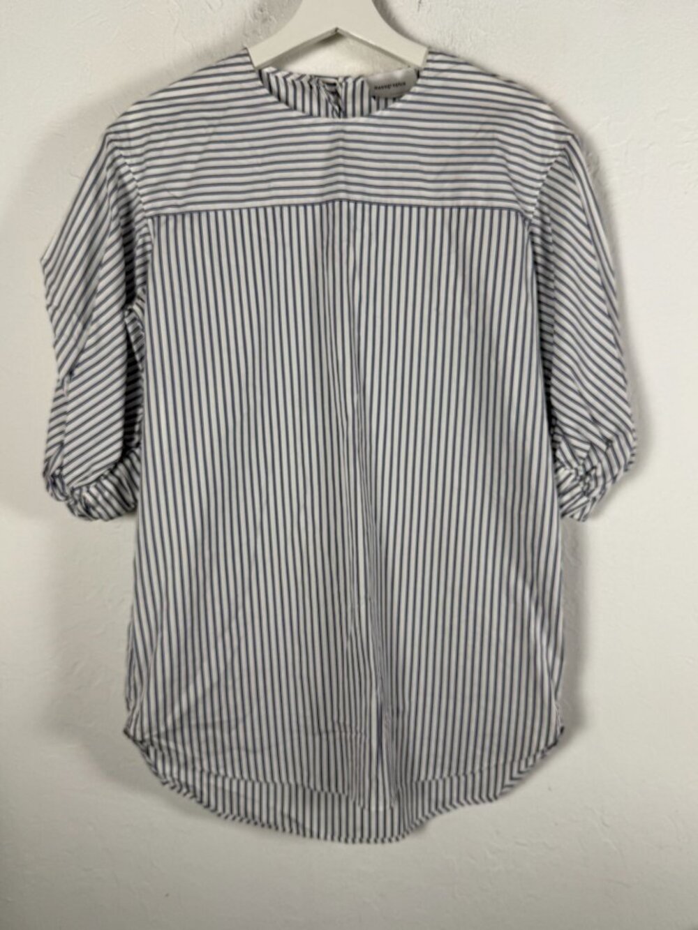 Monographie Shirt Womens Small Blue White Striped Cotton Puff Sleeve Blouse Top